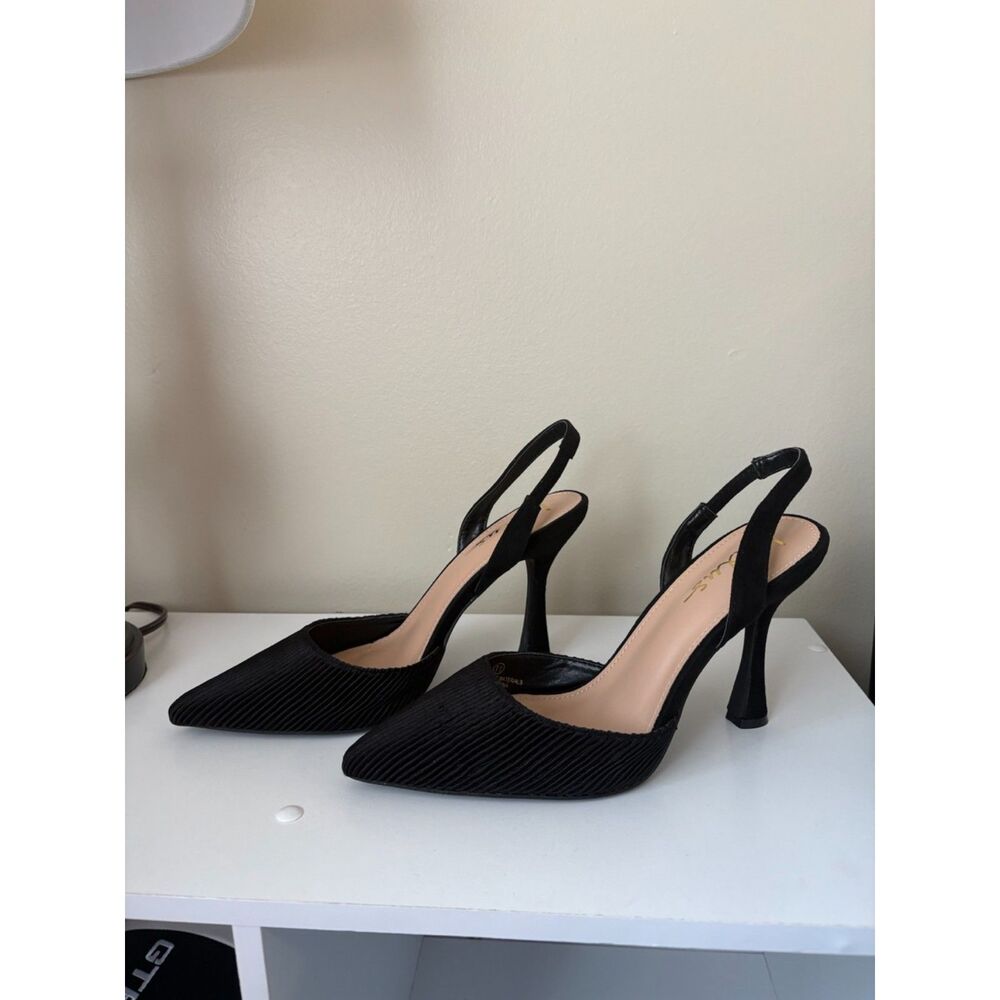 Lulus Black Ribbed Velvet Slingback Pointed Toe Heels, Size 11